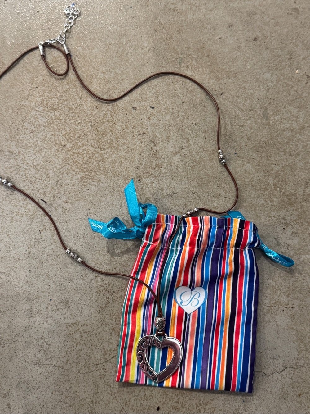 Brighton Brown Leather Necklace with Silver Heart Pendant and Multicolor Pouch